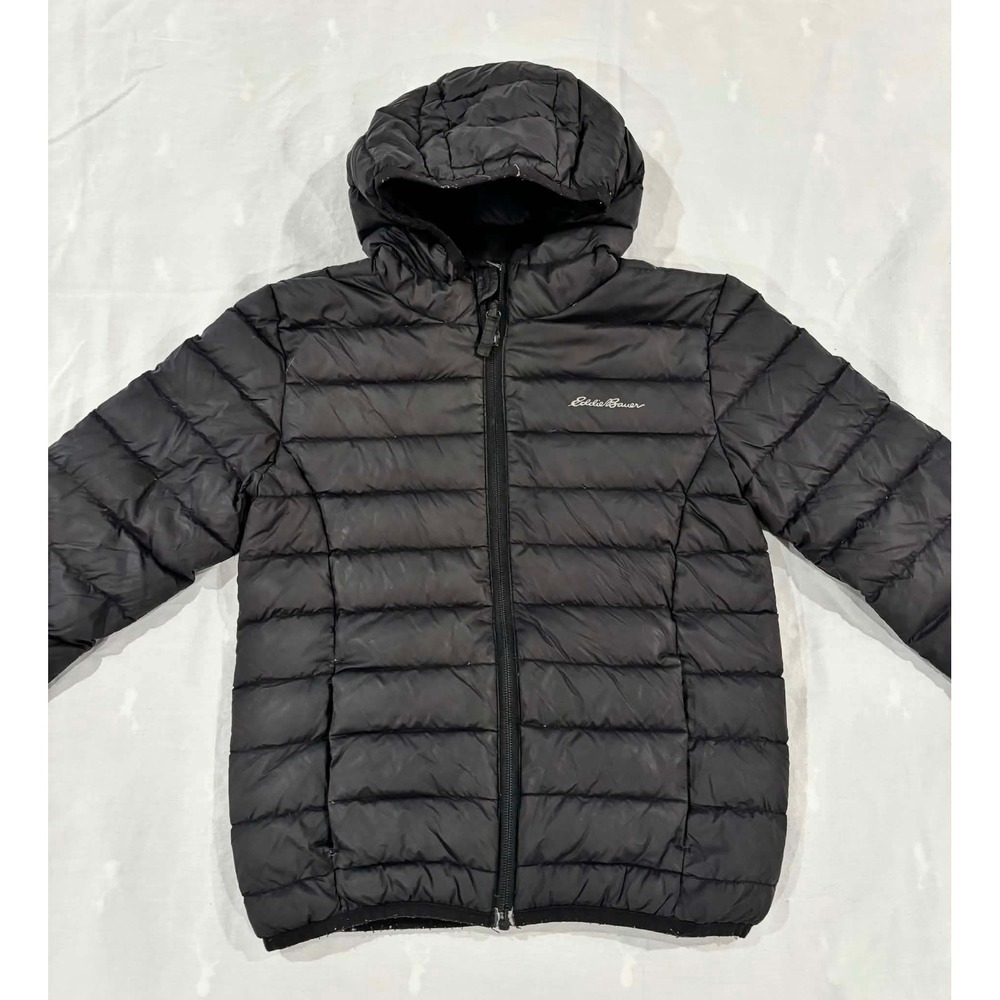 Eddie Bauer Kids Black Puffer Jacket Hooded Full Zip Quilted Coat Size S 7/8